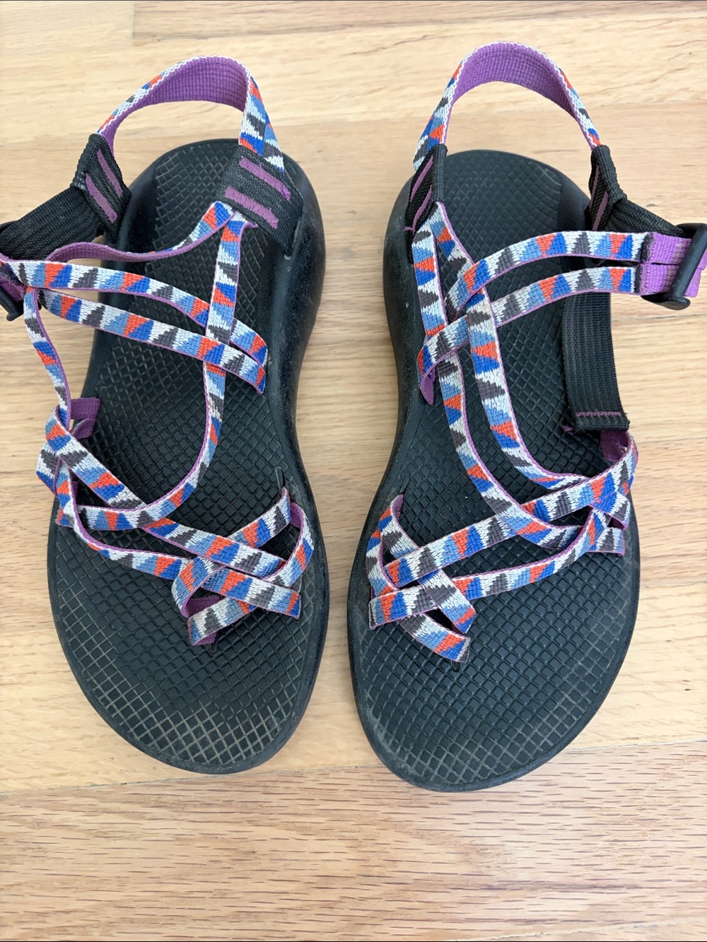 Chaco Women’s Black Sandals with Purple, Blue & Orange Patterned Straps